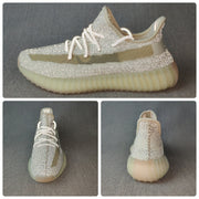 Composite product view showing side, front, and rear angles of the silver-toned 350 V2 sneakers.