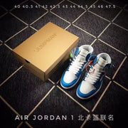 Pair of blue and white high-top sneakers beside a box, with an overlaid size list and Air Jordan 1 labeling.
