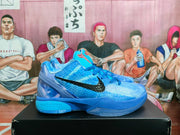 Side profile showing the blue sneaker shape, black Swoosh, textured upper, and translucent outsole.