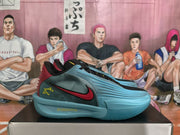 Side view of a blue sneaker with black upper panels, a red Nike Swoosh, red heel detailing, and “ZoomX” lettering.