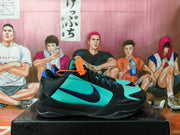 Side view of a black and teal Nike basketball shoe with a blue-accented Swoosh