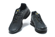 Pair of black Nike Air Max Plus sneakers shown from front and top angles.