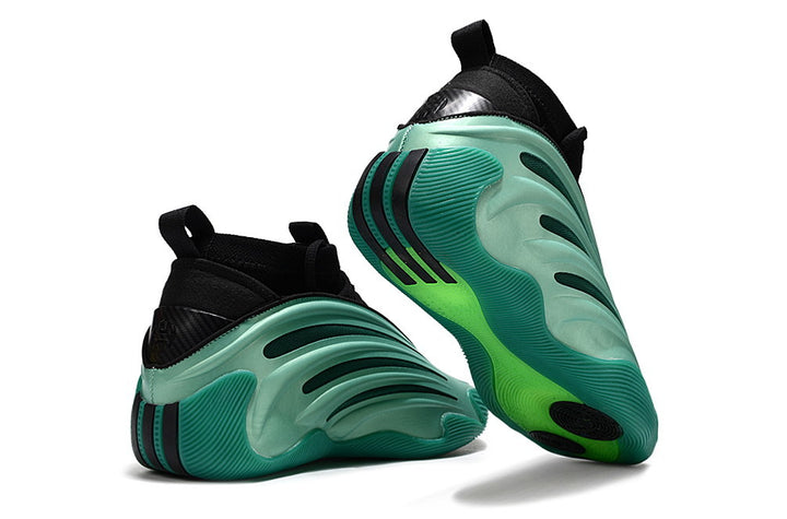 Green and black Adidas Harden Vol. 9 sneakers shown from the heel and outsole angles.