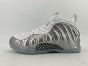 White and metallic silver high-top sneaker with a translucent outsole.
