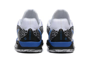 Rear view showing spotted heel panels and blue accents