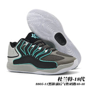 Black, gray and turquoise basketball sneakers with a translucent outsole; image text identifies style 8805-11 and sizes 40-46.
