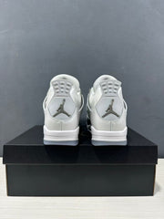 Rear view of the grey Jordan Air Jordan 4 pair showing heel panels, Jordan logos and padded collars.