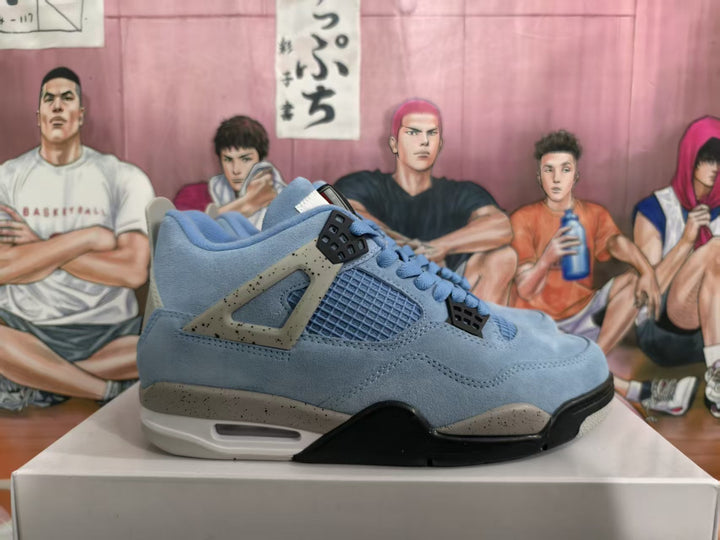 Side view of light blue Jordan 4-style sneakers with speckled gray panels, black accents, and a white-and-gray sole.