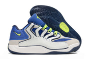 White and royal blue Nike KD 18 sneaker with a dark patterned outsole.