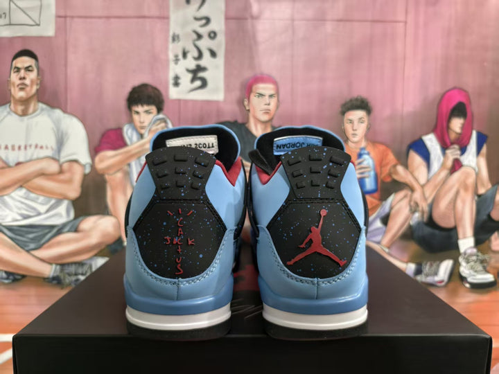 Rear view of the light blue sneakers showing black heel panels, red Jumpman branding, and white midsoles.