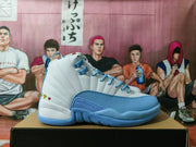 Side view of a white and blue high-top Jordan sneaker with blue laces and small colorful graphics.