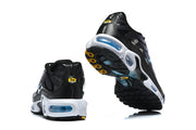 Rear and outsole views of Nike Air Max Plus sneakers, showing the white midsole and blue cushioning windows.