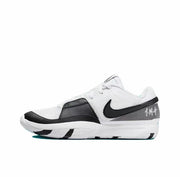 Side view of a white and black low-top basketball sneaker with a black Swoosh and turquoise outsole detail.