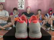 Rear view of blue and white Nike basketball sneakers with coral-pink collars, white midsoles, and coral outsole accents.