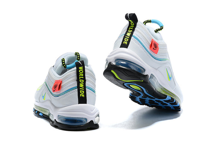 Nike Air Max 97 sneakers shown from the heel with white uppers and multicolor accents