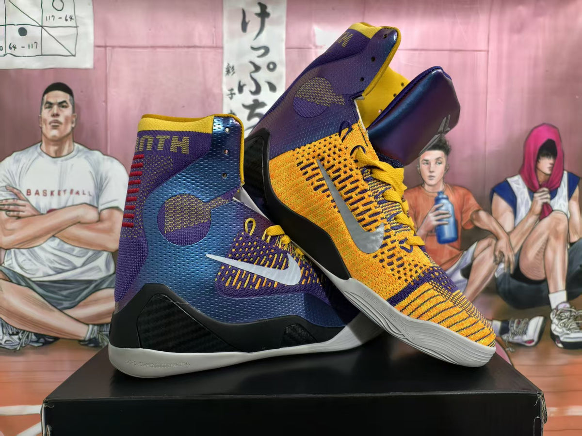 Purple and gold high-top basketball shoes displayed at an angle, showing the white side swoosh, black midsole details, and white outsole.