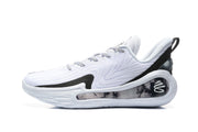 Lateral view of the white and black sneaker highlighting the wavy upper pattern, black side detail, and sculpted sole.
