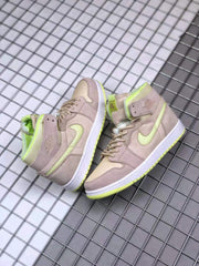 Pair of beige and neon yellow-green high-top sneakers displayed from multiple angles.