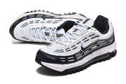 Pair of white and dark-accent Nike Air Max 97 OG sneakers in a three-quarter view.