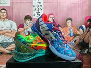 Angled view showing the contrasting colors and side details of the mismatched basketball shoes.