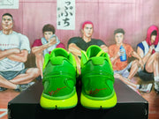 Rear view of bright green Nike basketball shoes with molded heel details and lime soles.