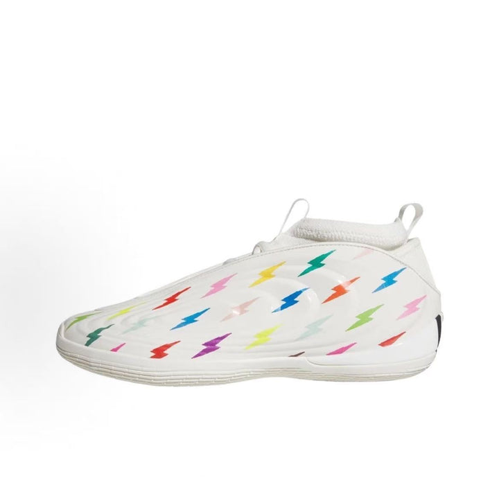 Side view of white high-top Adidas basketball shoes with multicolor lightning-bolt graphics
