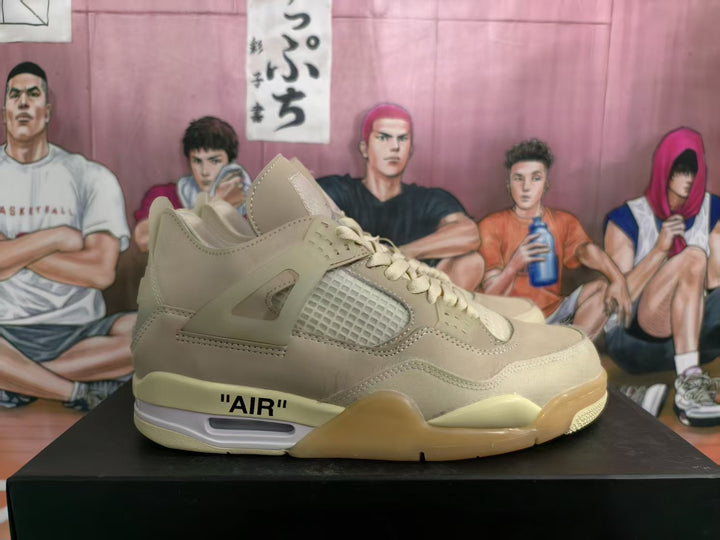Side view of a khaki high-top sneaker showing mesh paneling, layered overlays, AIR lettering, and a translucent outsole.