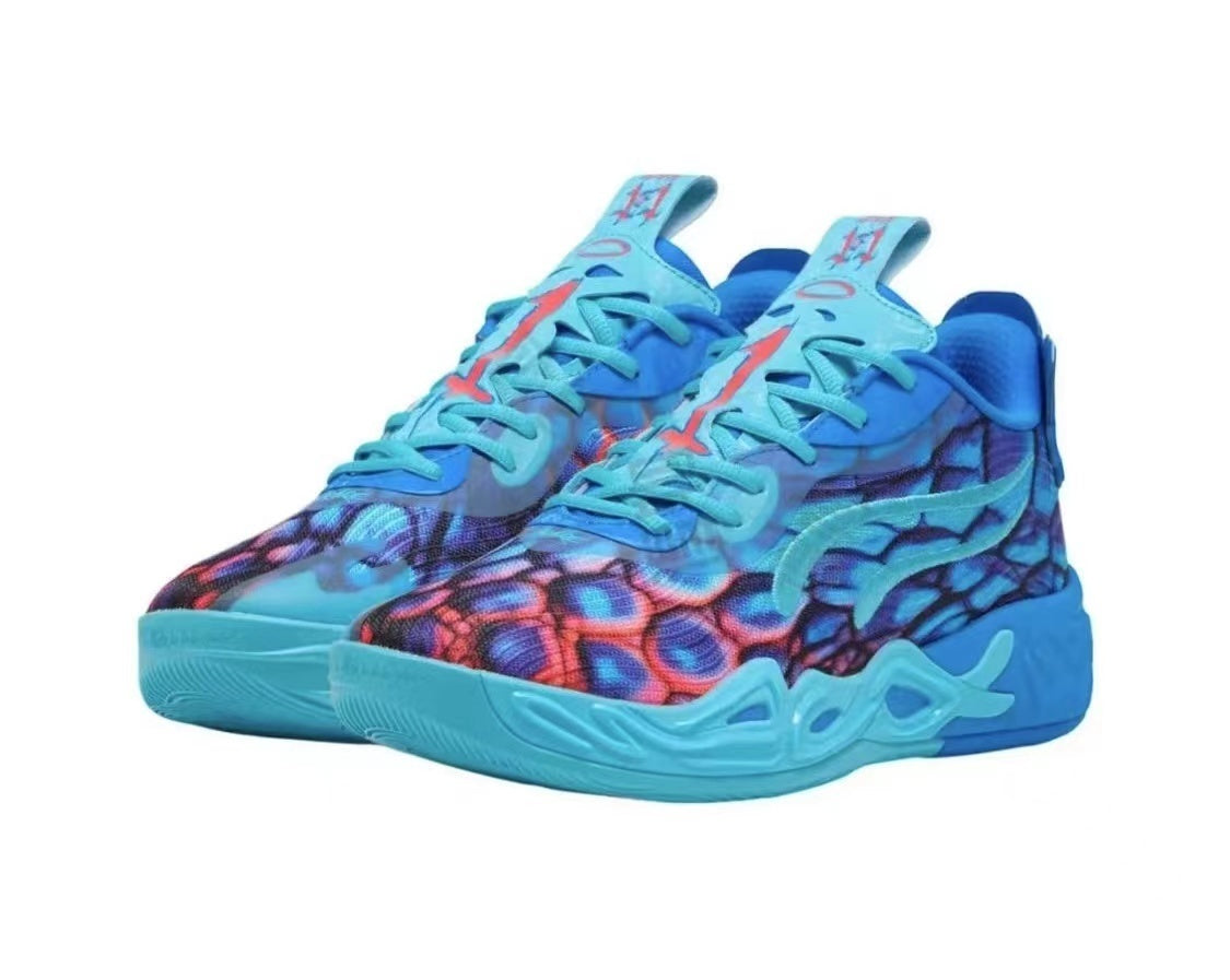 Pair of aqua and blue high-top basketball sneakers with multicolor patterned panels and sculpted soles