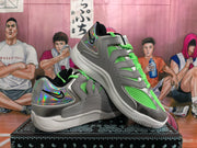 Angled display of Nike sneakers highlighting neon green detailing, silver-gray panels, and iridescent heel accents.