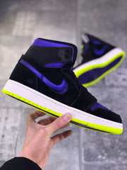 Side profile showing the black high-top upper, purple Swoosh, white midsole and bright volt outsole.