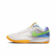 Side view of a white low-top basketball sneaker with a bright green Swoosh, blue heel panel, and orange outsole.