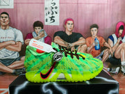 Side view of green Nike basketball sneakers with red swoosh detailing, dark laces, and a neon green outsole on a black shoebox.