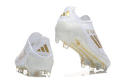 Rear views of white adidas F50 soccer cleats showing the collar, heel, and studded outsole.