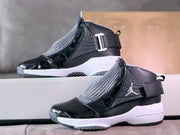 Pair of black and white high-top sneakers displayed at different angles
