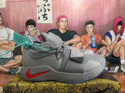 Side view of a grey Nike PG basketball shoe with red Swoosh detail and patterned panels.