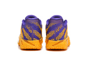 Rear view of purple and gold Nike Ja basketball shoes