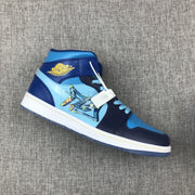 Angled close view showing the blue and navy upper, light-blue laces, graphic side panel and white midsole.