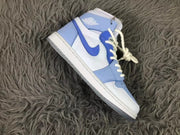 Side profile of one mist blue and white high-top sneaker with layered overlays, Swoosh branding, and a white midsole.