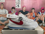 Side profile of a white Nike sneaker with a red Swoosh and blue outsole accent.