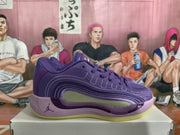 Side profile of a purple Jordan basketball sneaker showing the Jumpman mark, layered upper panels, translucent side insert, lavender midsole, and yellow outsole.