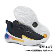 Black Curry 12 basketball shoe with yellow accents, blue heel detail, and a colorful side panel; caption lists style 8081-4 and sizes 40–46.