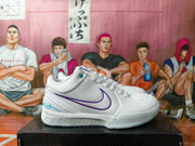Side view of a white low-cut basketball shoe with purple side detailing and teal accents.