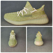 Collage showing side, front, and rear views of the green sneaker design.