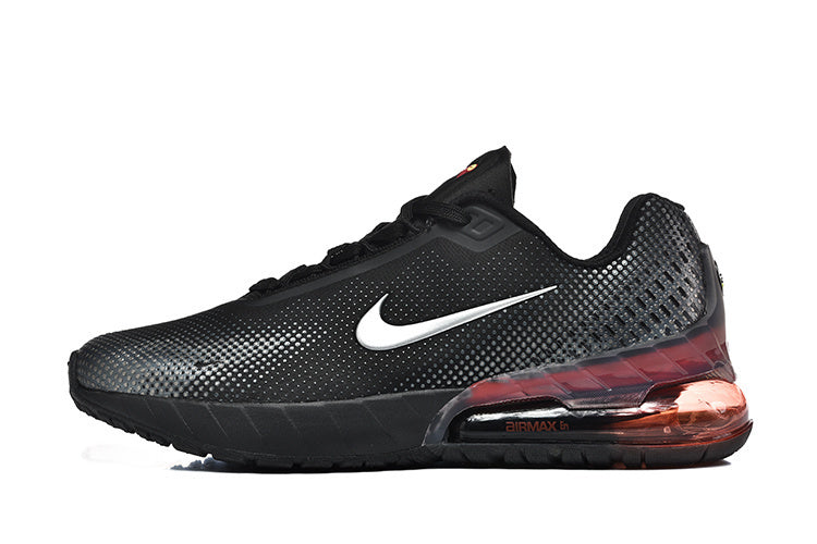 Side view of a black Nike Air Max 720 sneaker with a white Swoosh and translucent red-tinted heel unit.