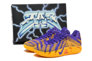 Purple and gold Nike Ja shoes pictured with a branded box