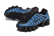 Pair of blue and black Nike Shox-style sneakers viewed from the front and side.