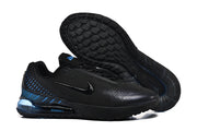 Black and blue Nike sneakers shown from the side with the outsole visible.