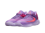 Purple and pink basketball sneakers with bright orange detailing shown as a pair.