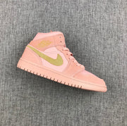 Side view of a pink Jordan high-top sneaker with an olive-green Swoosh and pink outsole.