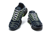 Front view of a pair of navy Nike Air Max Plus sneakers with white laces.